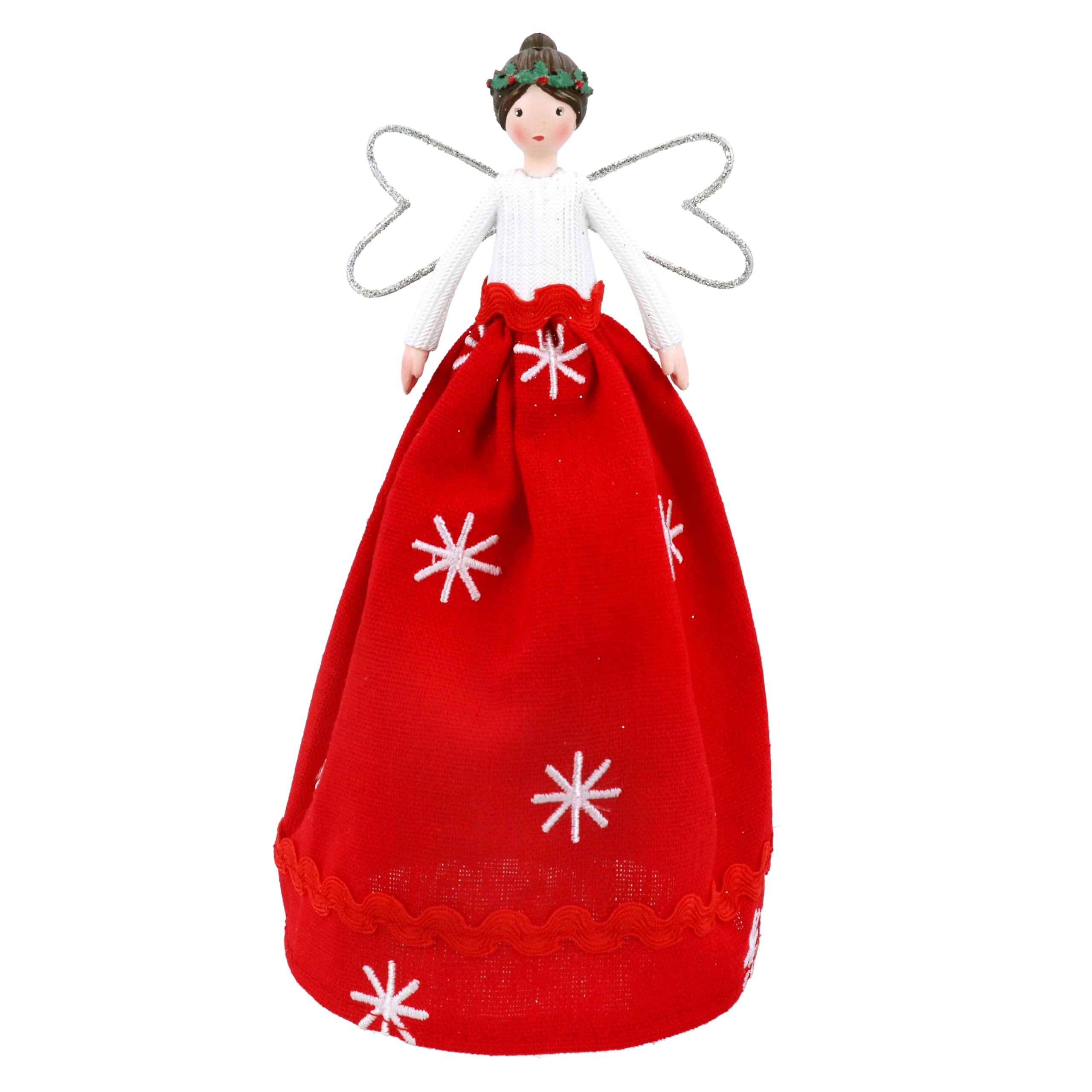 Gisela Graham White And Red Christmas Tree Topper Fairy – Red And White Festive Angel Decoration With Embroidered Snowflakes, 18Cm