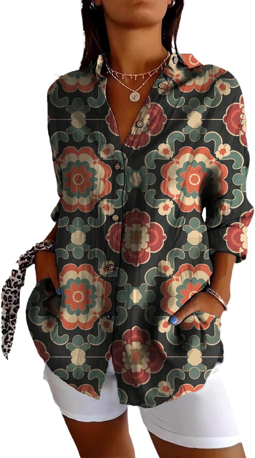 Cute Plus Size Tops for Women Loose Fit Button Down V Neck Blouse 3/4 Sleeves Casual Tees Summer Outfits