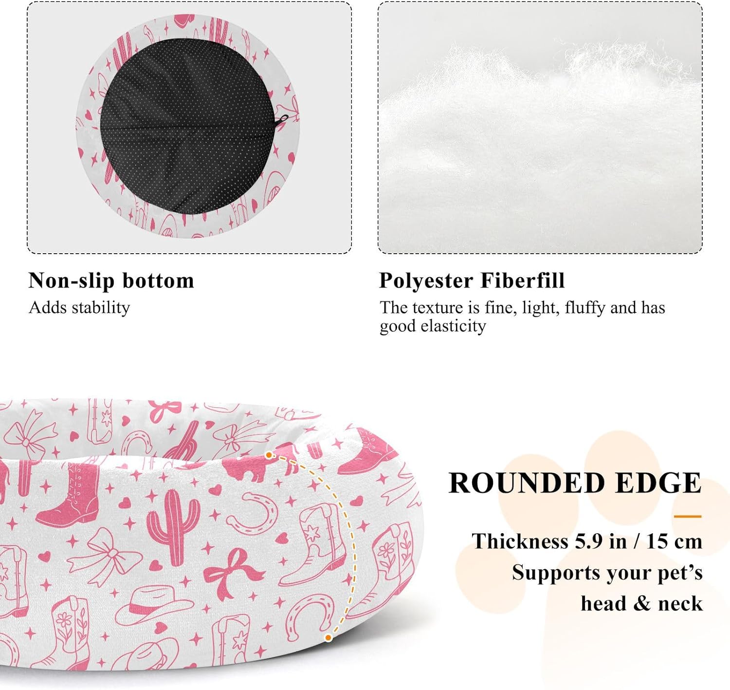 Western Cowgirl Pink White Pattern Dog Bed Donut Small Dog Beds Washable Cat Pet Bed Cozy Puppy Beds for Small Medium Dogs Cats Indoor,M