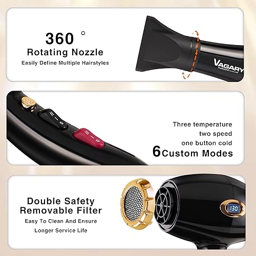Miniatura 5 de VAGARY 6685G Secador de pelo profesional de salón de 2200 W con pantalla Icd, secador de soplado iónico negativo, potente secadora de aire