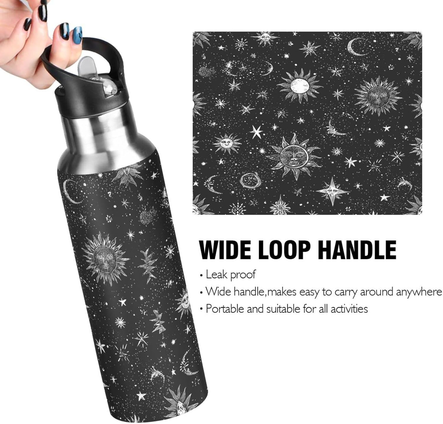 White Ink Sars Suns Water Bottle with Straw Lid,Leakproof Vacuum Insulated Stainless Steel,20 Oz Hot Cold Thermal Flask Drinking Bottle for Gym Fitness Outdoor Sport
