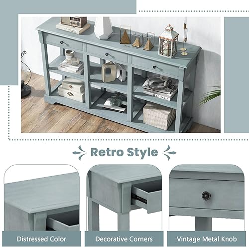 Miniatura 7 de Giantex Mesa consola con almacenamiento, mesa de sofá de 58 pulgadas de largo con 3 cajones y estantes abiertos, patas de madera maciza, mesa de