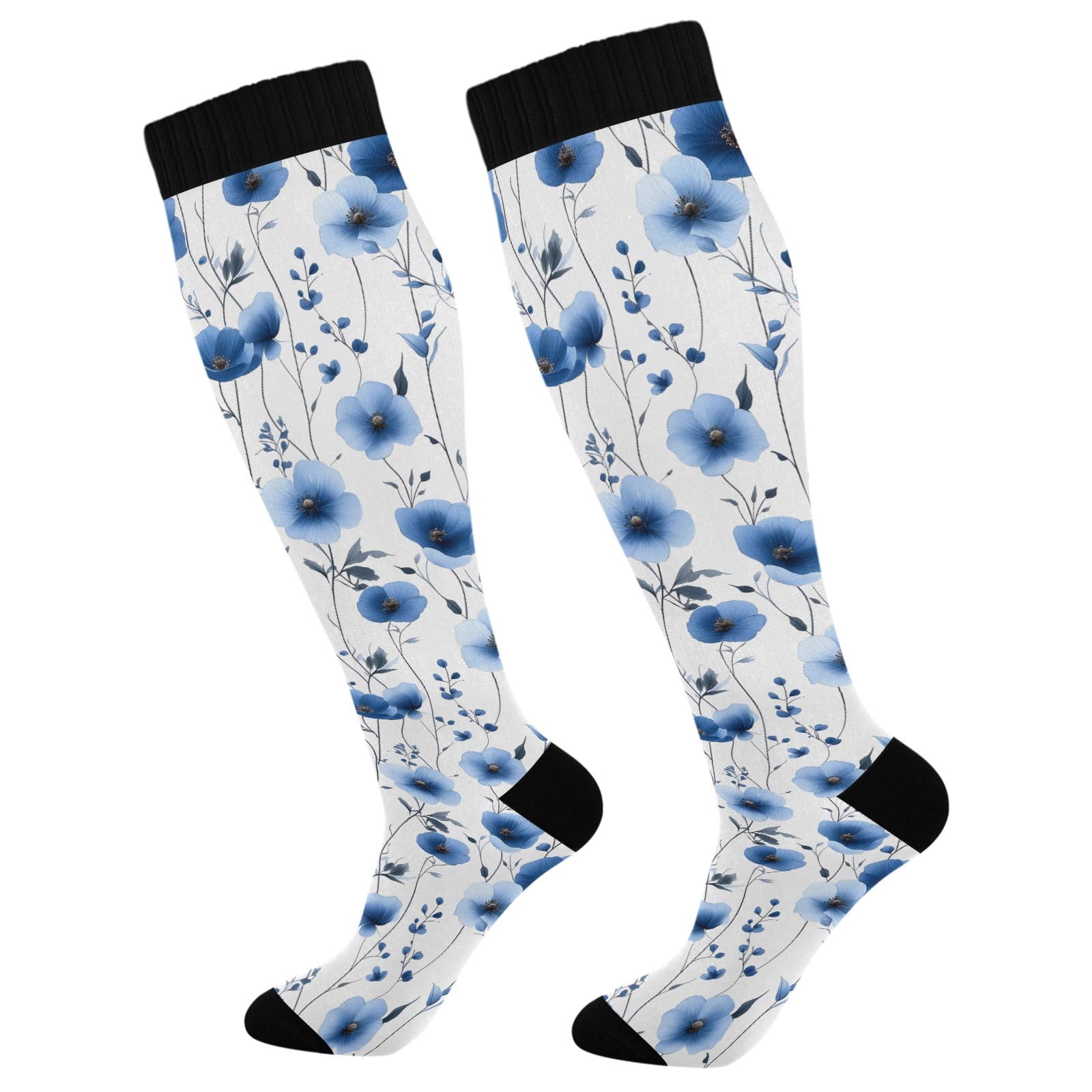 ALAZA Athletic Compression Socks Knee High Socks Stockings for Women White Blue Flowers Running Circulation Sport Football