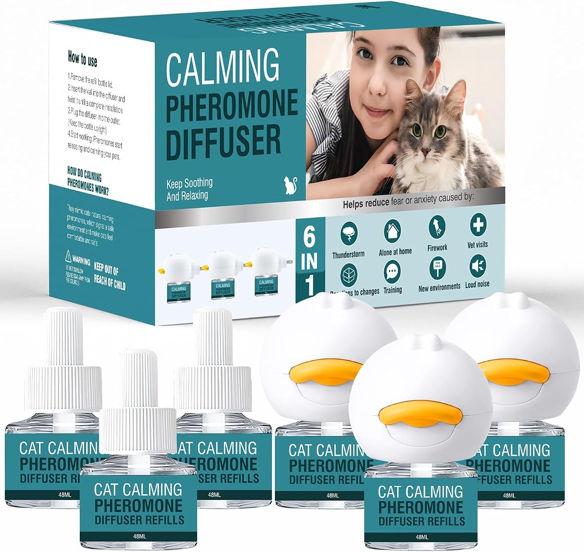 Cat Calming Diffuser 6 in 1 Multicat Calming Pheromones Diffusers Relief Stress Anxiety Fighting Scratching 90 Days Calm Relaxing Pheromone for Cats kit 48ml Refill Fits All Common Diffuser Plug In