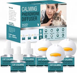Cat Calming Diffuser 6 in 1 Multicat Calming Pheromones Diffusers Relief Stress Anxiety Fighting Scratching 90 Days Calm Relaxing Pheromone for Cats kit 48ml Refill Fits All Common Diffuser Plug In