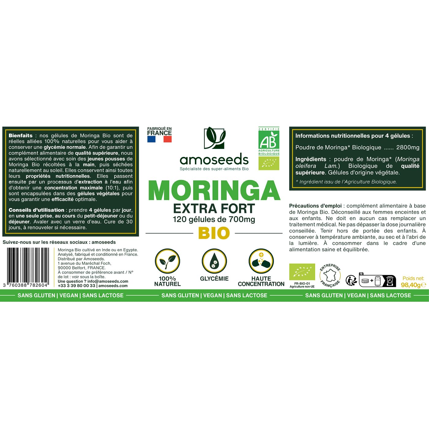 Moringa Oleifera BIO | Extra Fort | 100% Naturel et Pur | 120 gélules vegan de 700mg | Qualité Supérieure