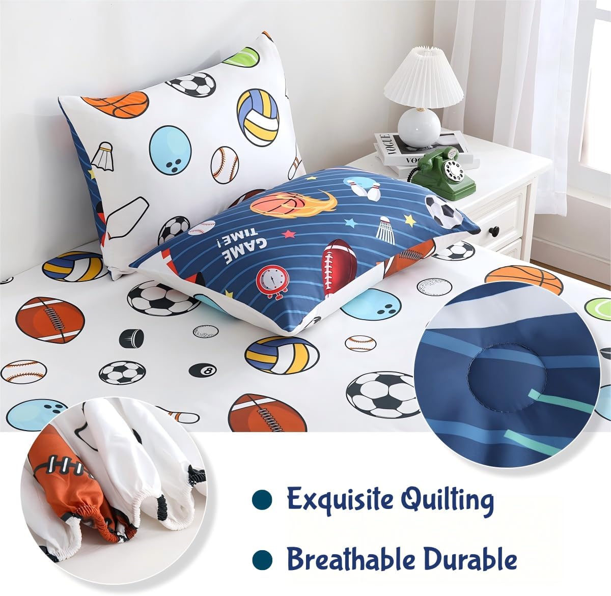 5 Piece Boys Bedding Set Full Size Blue Stripe Comforter Set Reversible Bed in a Bag with Sheet Set Soccer Basketball Baseball Football Sports Themed Bet Set - Image 3