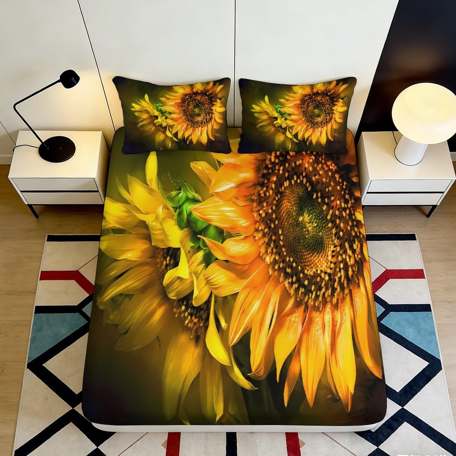 Decorative sunflower design Fitted Sheet 3D Printed, soft touch Microfiber, wrinkle resistant, guest room bedding, easy care, stylish home accent 90x200x25cm