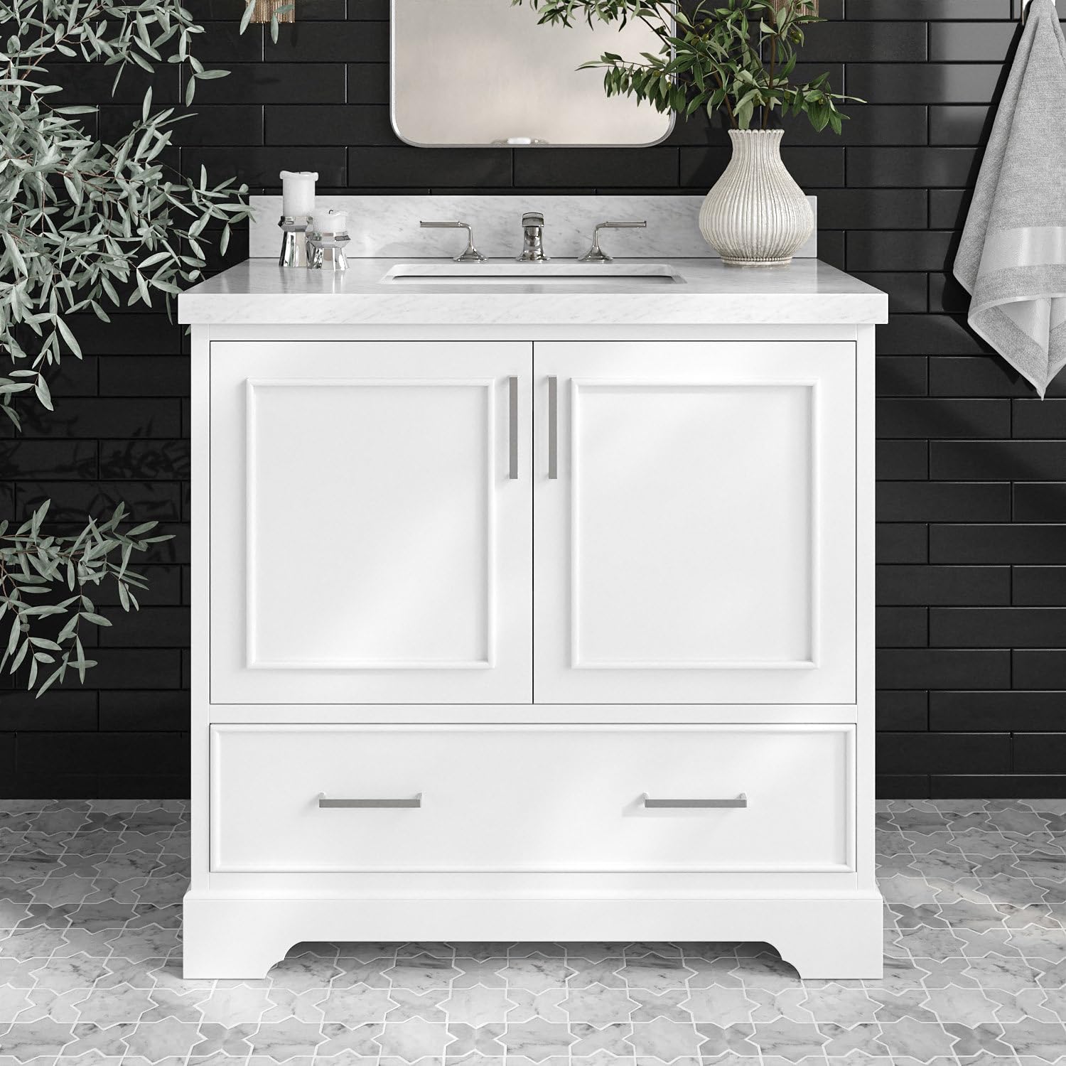 ARIEL Stafford 36-inch Bathroom Vanity with Sink,Solid Wood, 1.5-inch Italian Carrara Marble Countertop & Backsplash, Single Rectangle Porcelain Sink, 2 Soft Closing Doors, 1 Dovetail Drawers, White