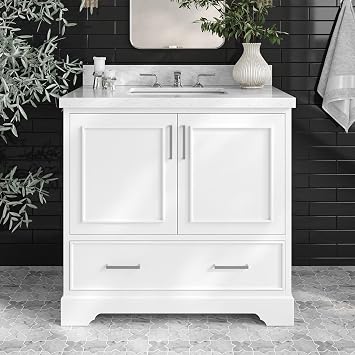 ARIEL Stafford 36-inch Bathroom Vanity with Sink,Solid Wood, 1.5-inch Italian Carrara Marble Countertop & Backsplash, Single Rectangle Porcelain Sink, 2 Soft Closing Doors, 1 Dovetail Drawers, White