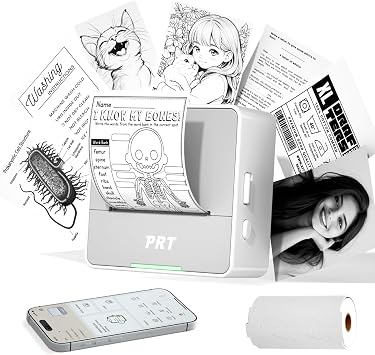 PRT Sticker Printer, Mini Thermal Printer Bluetooth Portable Sticker Maker with 1 Roll Paper, Print Pod, for Study Notes, Pictures, Labels, DIY, Multiple Templates for Phones & Tablets,White