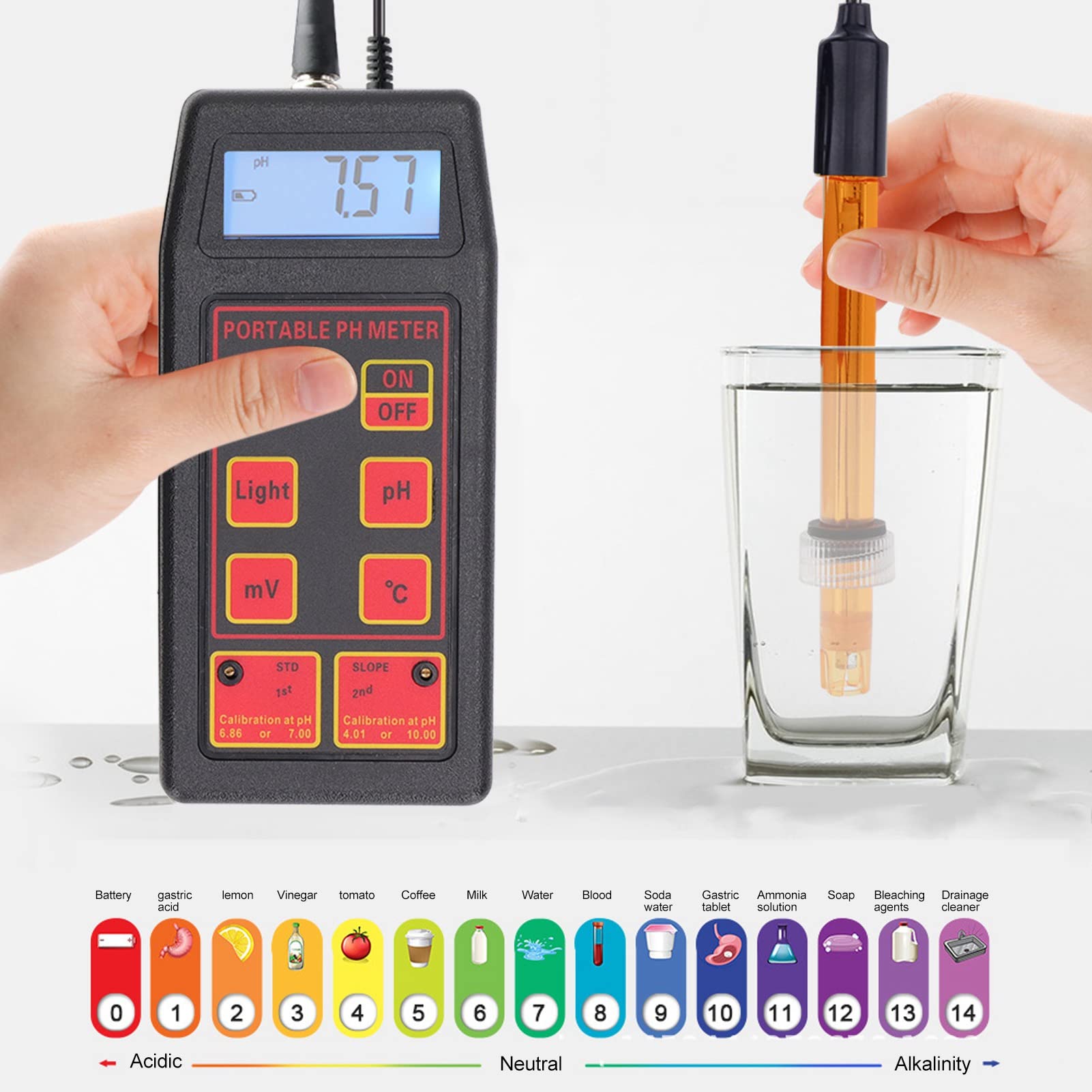 Yctze Probador de Calidad de 4 Dígitos con Pantalla Grande para Medición PH y Temperatura: Solución Prueba Precisa, Portátil y Versátil (Electrodo de PH ORP)