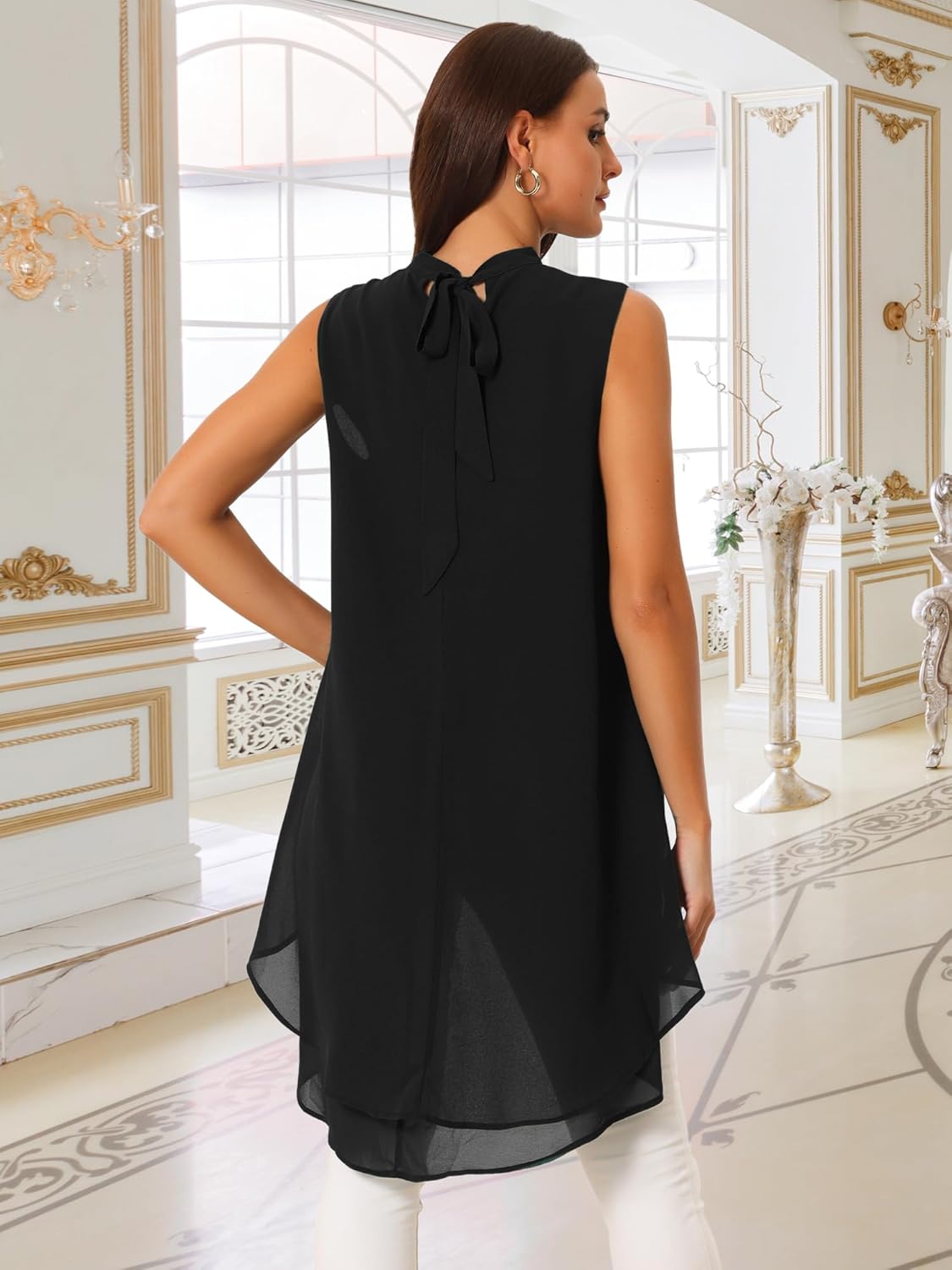 Seta T Women's High Low Tops Mock Neck Chiffon Blouse Tie Back Asymmetrical Sleeveless Shirt Casual Summer Top - Image 6