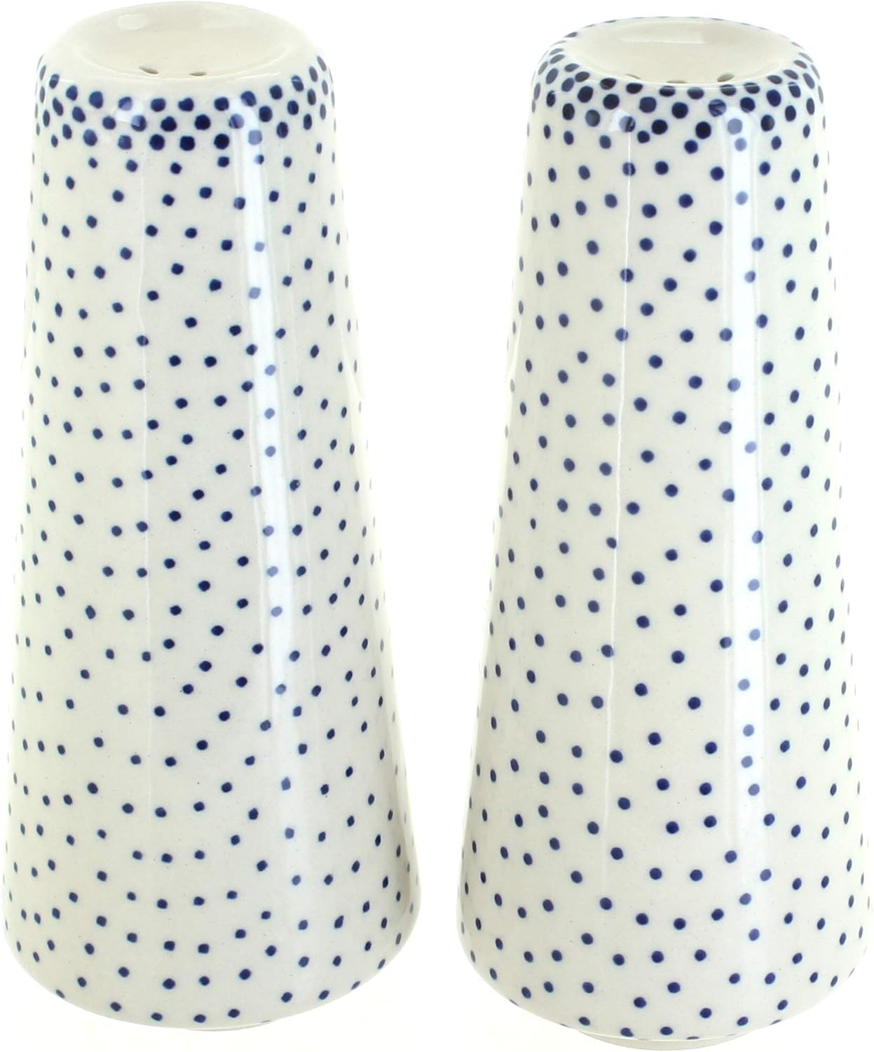 Blue Rose Polish Pottery - Blue Small Dots Salt & Pepper Shakers - 6" Tall - Hand-Painted Ceramic Seasoning Set for Table & Kitchen
