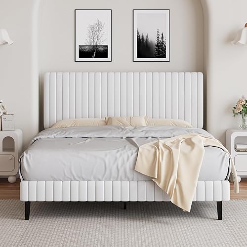 Miniatura 12 de BarnFurin Base de cama tamaño Queen con cabecera ajustable, plataforma tapizada de terciopelo con diseño capitoné de canal vertical, no requiere