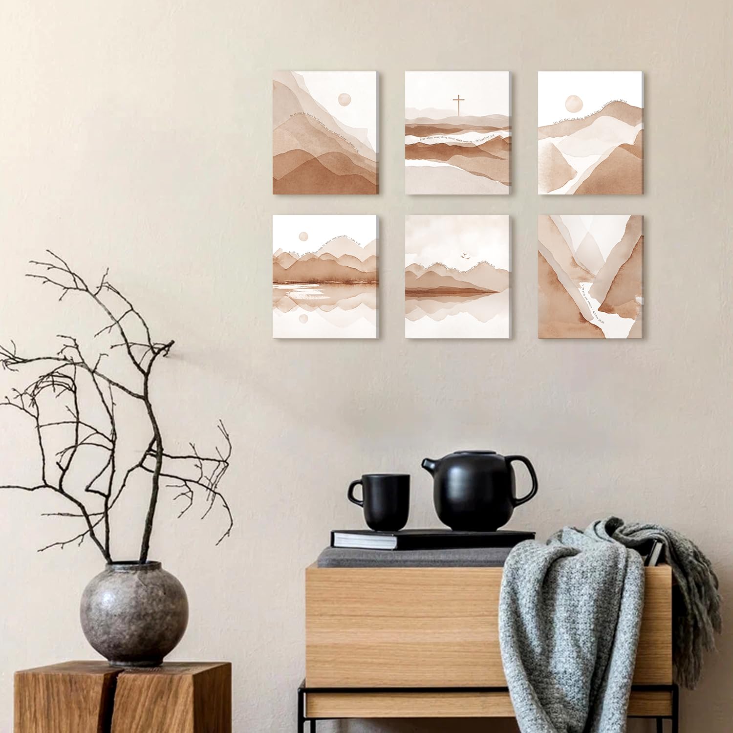 Christliche Boho-Wandkunst-Set – 3 Leinwandbilder Mit Bibelversen, Abstraktem Sonnen- & Berg-Design (30x40 Cm)