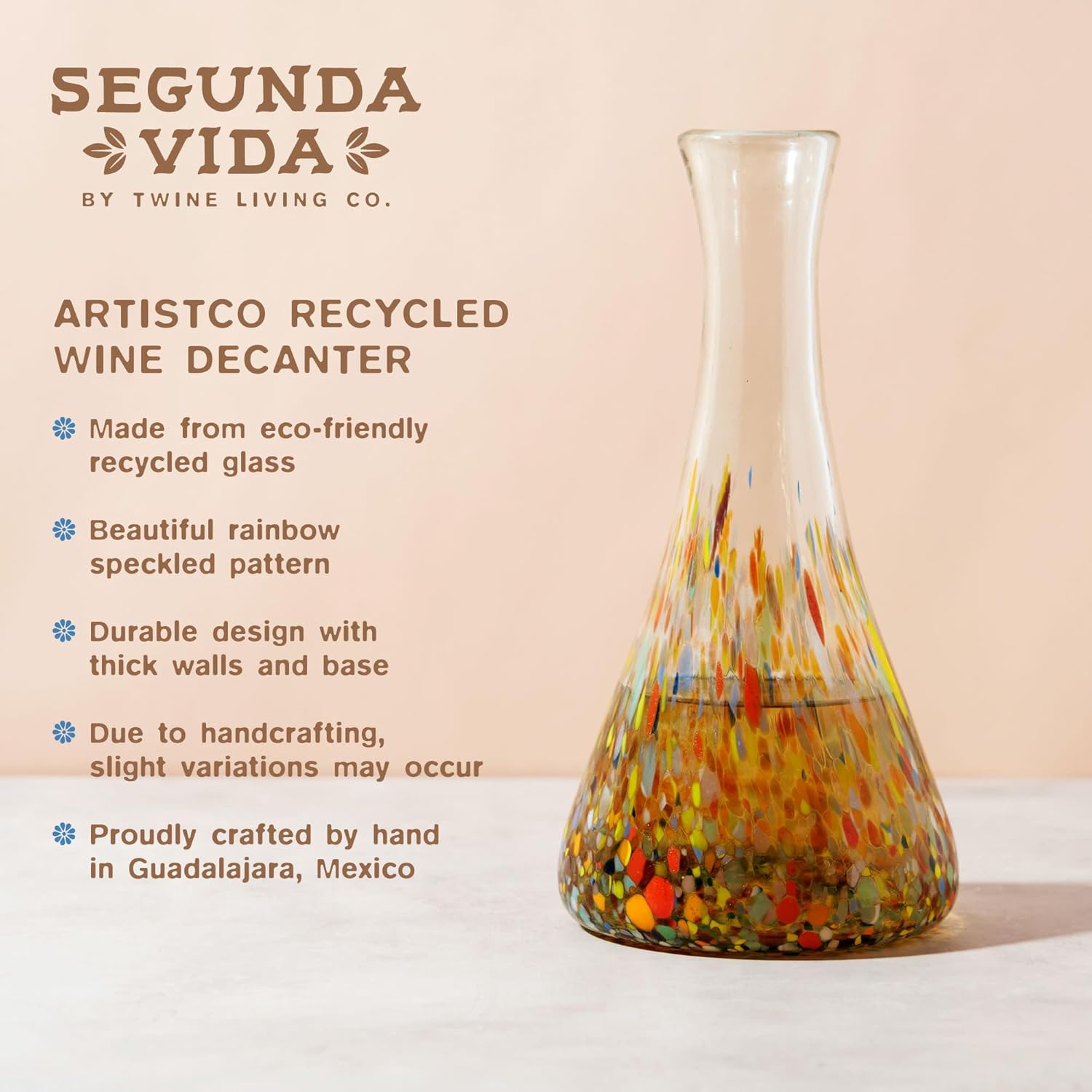 Segunda Vida Artistico Hand Blown Wine Decanter, Recycled Glass Carafe for Red and White Wine, Thick Base Pitcher, Colorful Mexican Glassware for Wedding Gifts, Home Bar Accessories, 50 oz, Set of 1