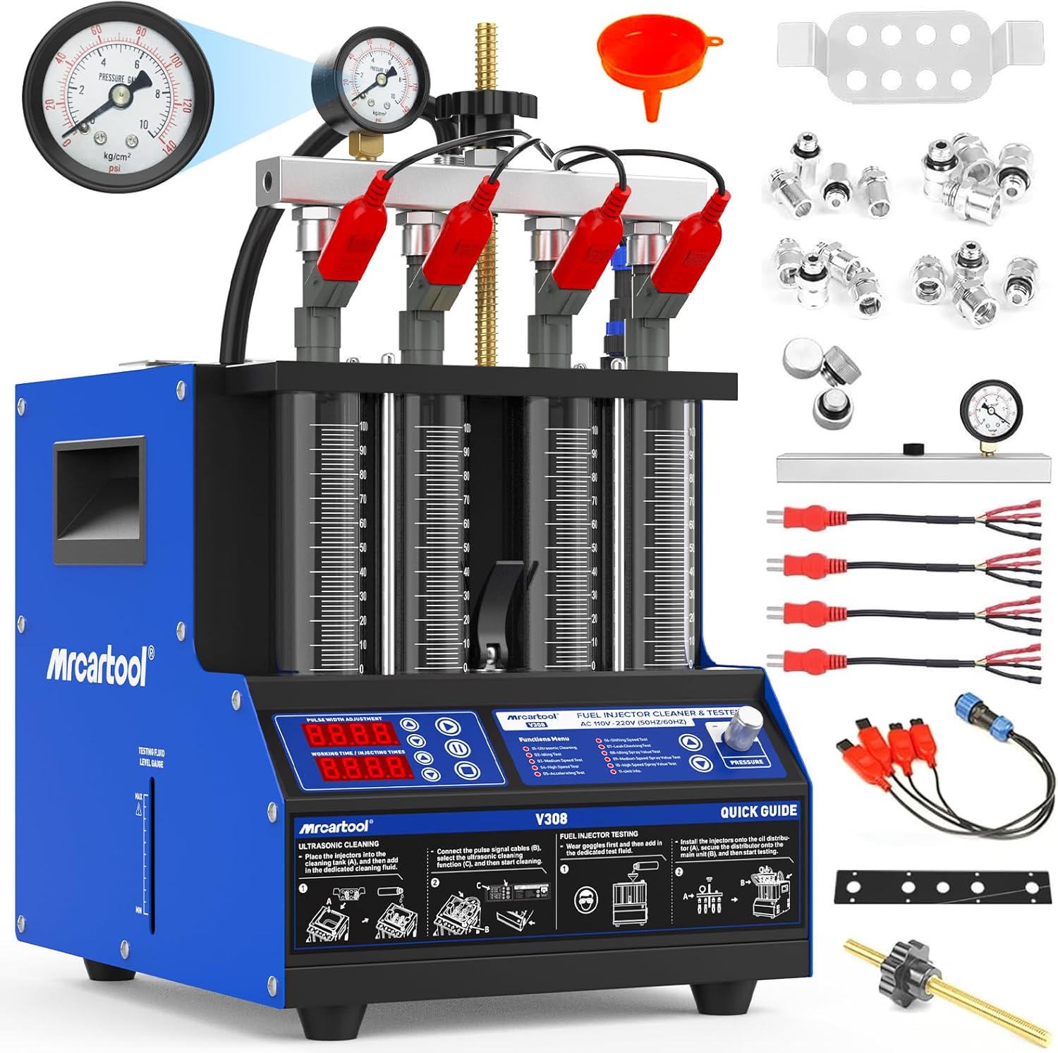 BELEY Injector Cleaner Machine V308 Heated Ultrasonic Fuel Injection Systems Cleaners 4-Cylinder 110V for Gasoline Diesel,Motorcycle