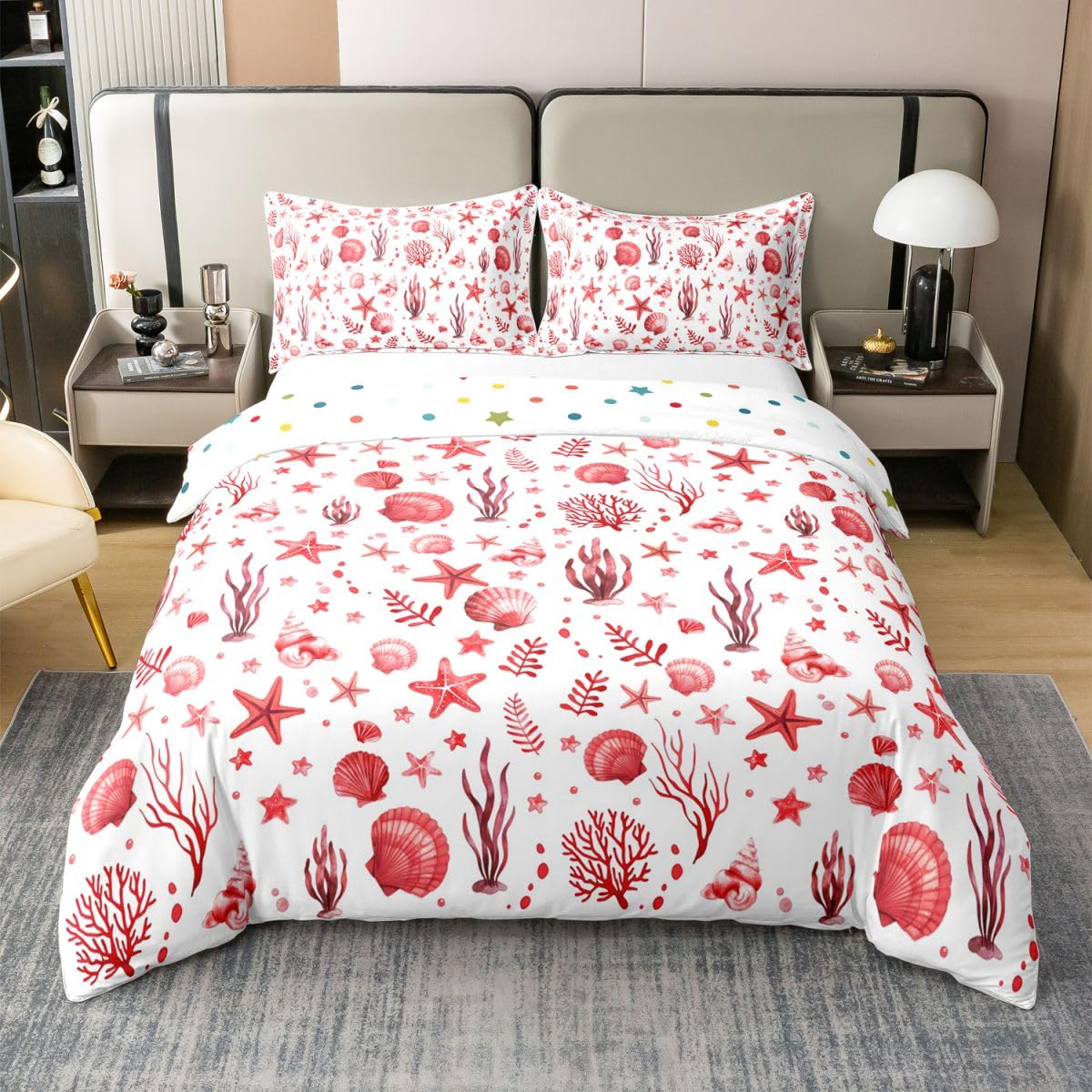 Housse de couette 220x240 enfant coton côtier rouge vif et motifs marins