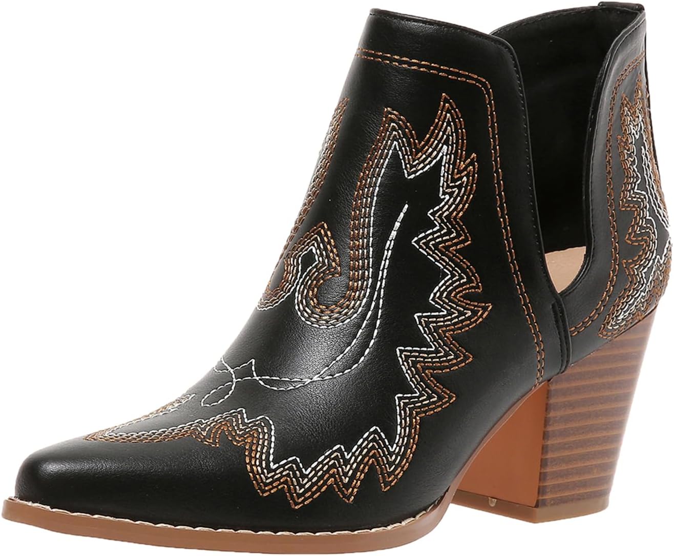 Cowboy Boots for Women Cowgirl Ankle Western Embroidered Stitched Pointed Toe Cutout Chunky Heels Short Booties Red Brown Black US5-11