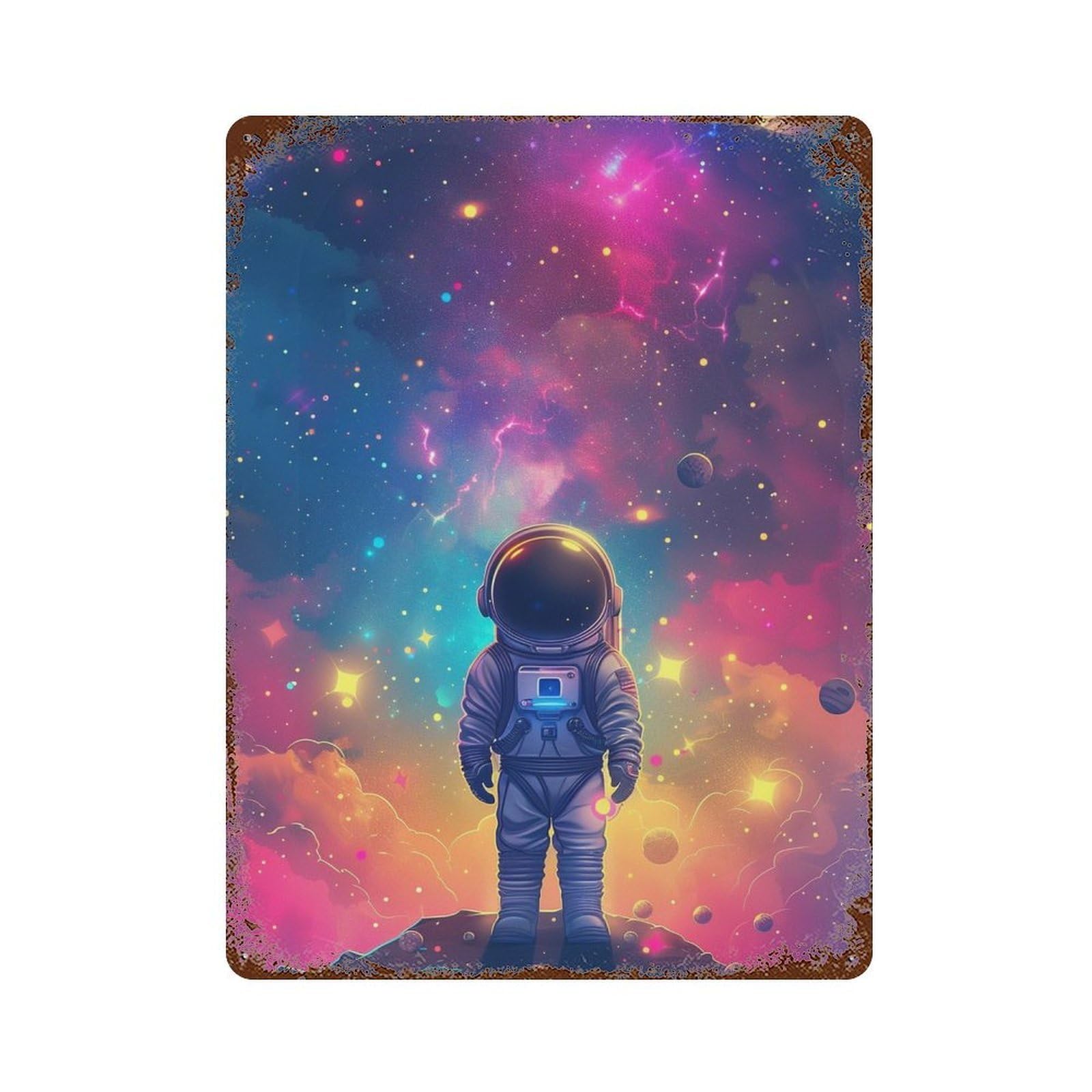 Rust Effect Cosmic Astronaut Adventure-3 Weathered Tin Sign 15.7"x11.8", Farmhouse Wall Decor for Farmhouse, Kitchen And Entryway Decor