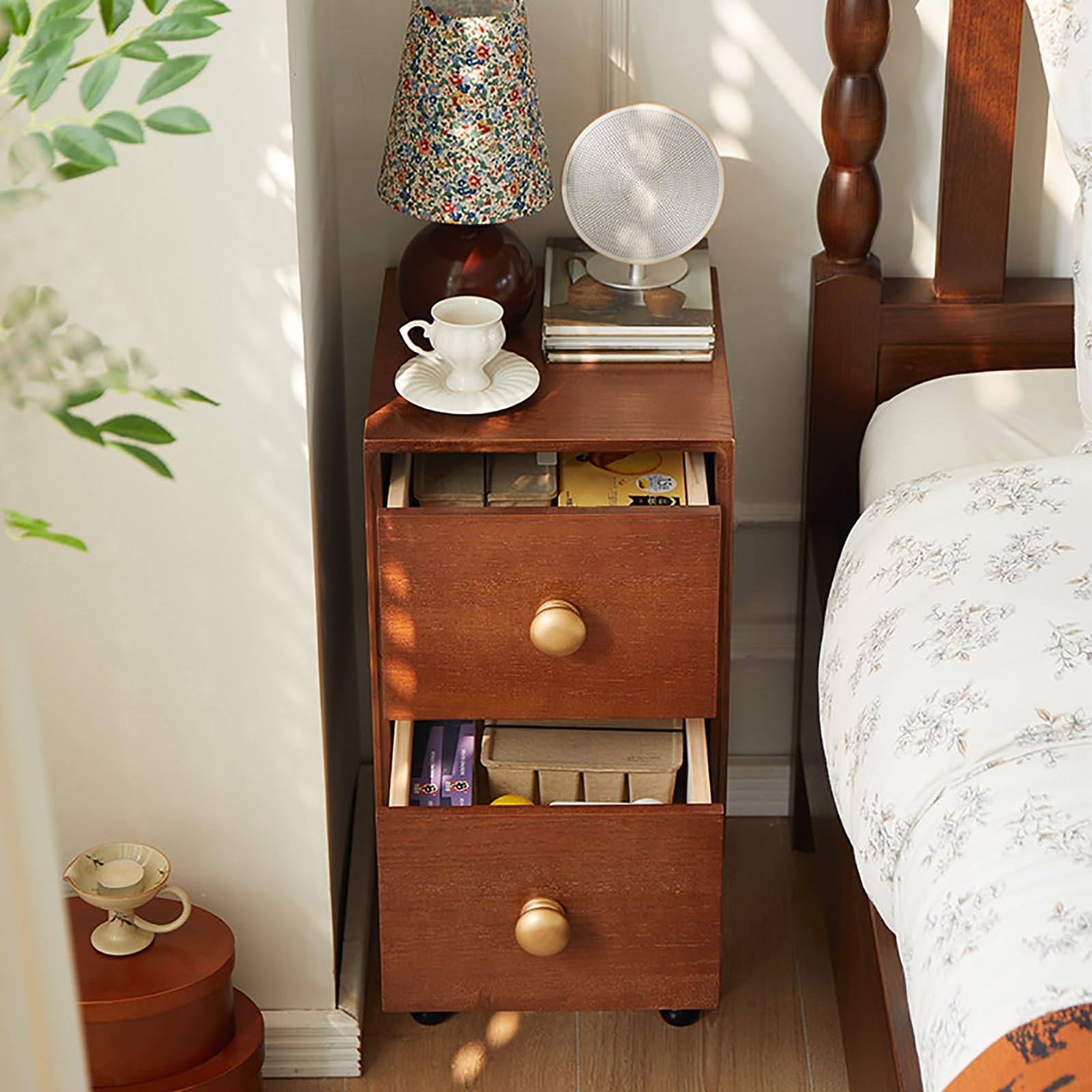 SXZenSpace Narrow Nightstand with 2 Drawers, Solid Wood Bedside Table for Bedroom and Small Spaces(Brown,35cm/13.7in)