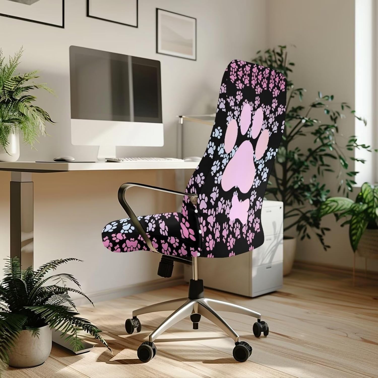 Office Chair Cover, Dog Paws Dustproof Dining Chair Cover Soft Desk Computer Chair Slipcover Breathable Rotating Chair Slipcover for Armchair Chair