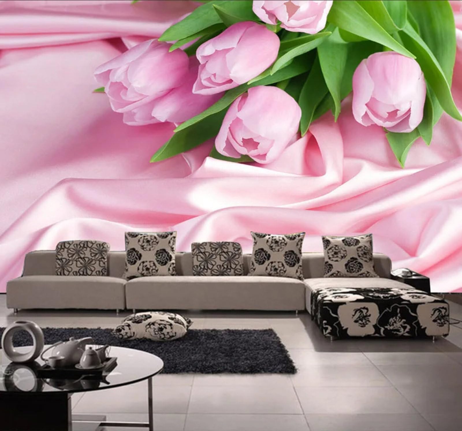 Wallpaper-3D-Xlm 400Cm×280Cm(B×H) Elegant Three Dimensional Pink Tulip Silk 3D Wallpaper Easy Install Feature Office Living Room Sofa Bedroom Tv Background Wall Decoration-400Cm×280Cm