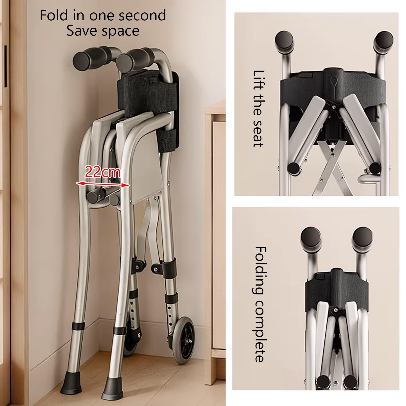 Aluminiowy składany chodzik rollator z siedziskiem, pomoc w chodzeniu na wysokości z oparciem i torbą do przechowywania na spacery po parku i na kemping