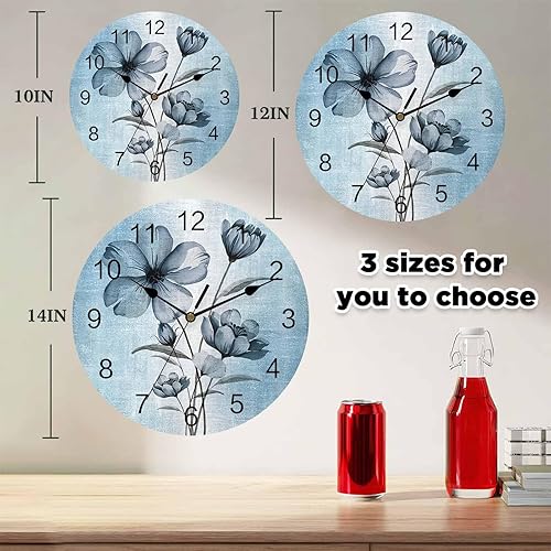 Miniatura 4 de Reloj de pared de flores azules, 10 pulgadas, silencioso, sin tictac, estilo retro, funciona con pilas, elegante reloj floral degradado para
