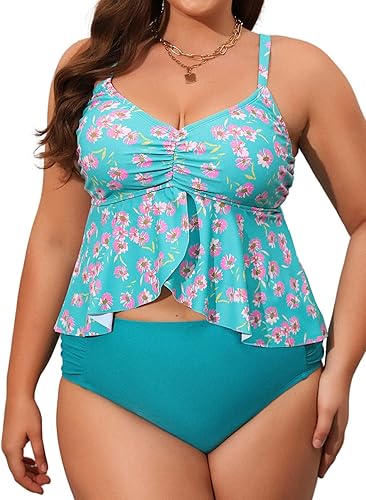 CUPSHE Traje de baño para mujer talla grande conjunto de tankini de cintura alta con dobladillo con volantes estampado floral