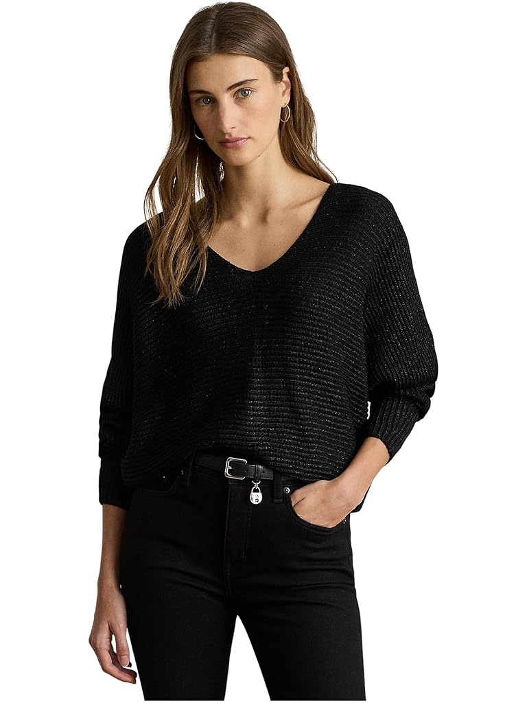 Black Lauren Ralph Lauren Metallic Rib-Knit Dolman-Sleeve Sweater