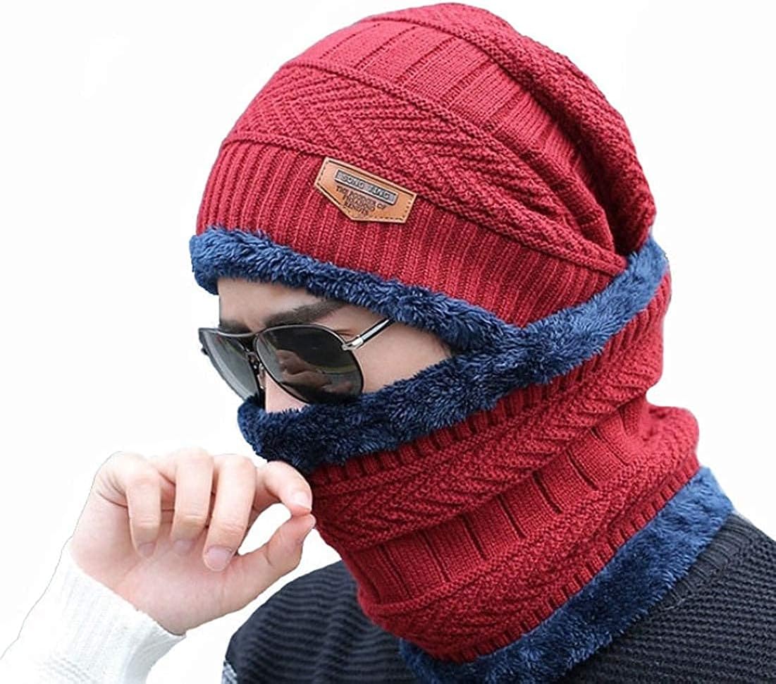 Ultra Soft Inside Fur Unisex Woolen Beanie Cap Plus Neck Warmer Muffler Scarf Set for Men Women (Set of 2) -Red