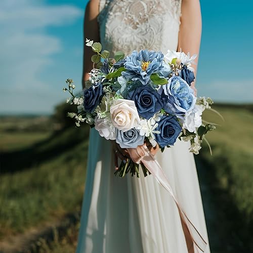 Miniatura 9 de AUSOGO Flores artificiales azules mezcla de seda flores falsas con tallo para bricolaje ramos de arco de boda baby shower centros de mesa fiesta