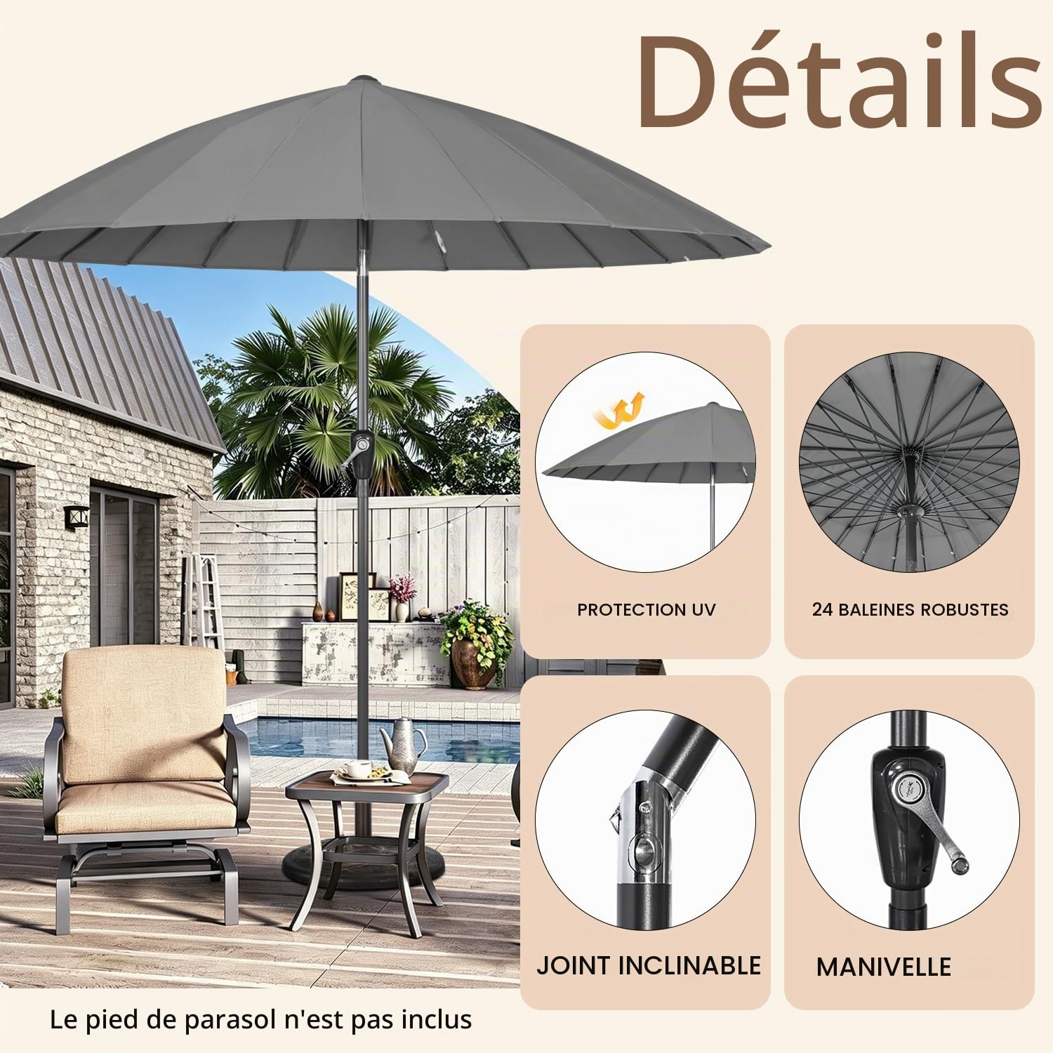 Angel Living Parasol de Jardin Extérieur avec 24 Baleines en Fibre de Verre, 250cm Parasol Inclinable en Aluminium avec Manivelle, Toile Résistante, pour Balcon Terrasse Patio