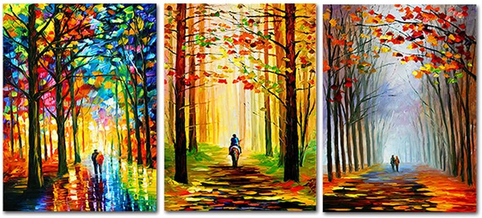 WALTSOM 3 Piece Canvas Wall Art, Colorful Landscape Framed Oil Painting Modern Giclee Canvas Print with Lovers Walking in The Park for Living Room Bedroom, Stretched Ready to Hang (12x16inchx3 Panel)