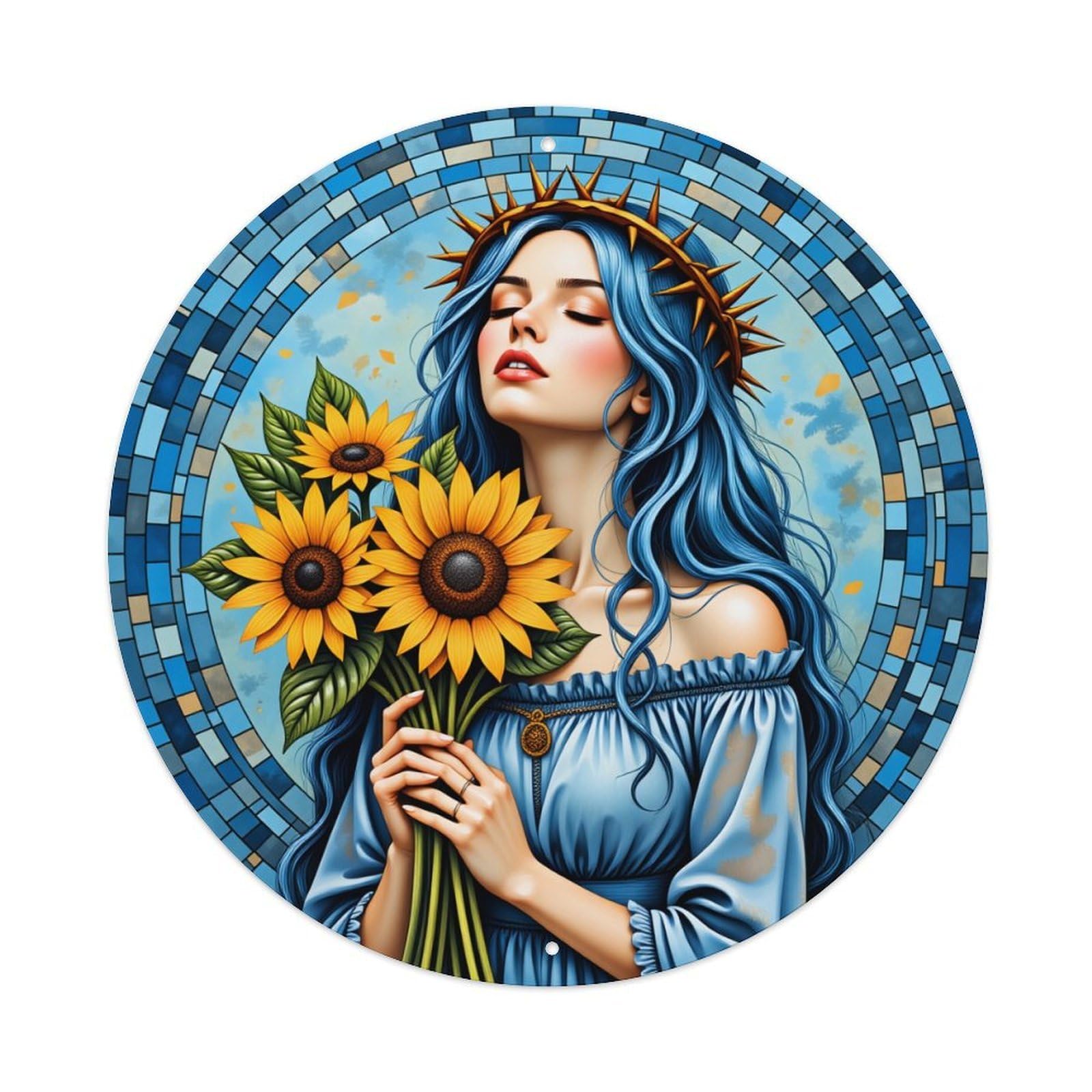 Lzwbntey Vintage Blue Hair Sunflowers Crown Mosaic Metal Tin Sign Retro Wall Decor For Home Bar Garage Cafe, Indoor & Outdoor Decorative，Circle Metal Poster, 8X8 Inch