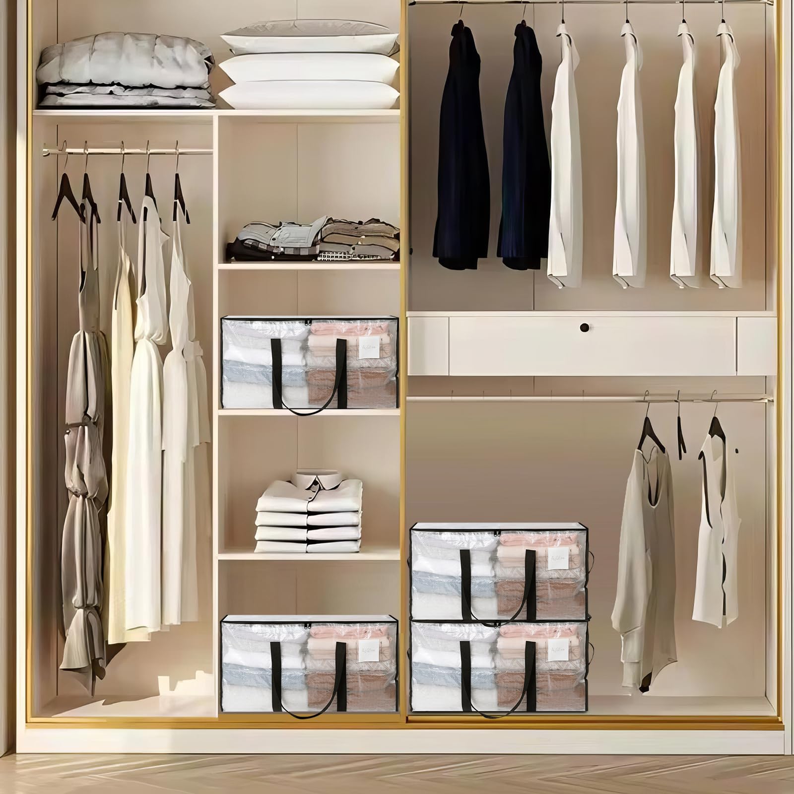 VINATO 4 Borse di Stoccaggio per Coperte, Grandi Borse per Trasloco Trasparenti con Maniglie, Resistenti all'Umidità e alla Polvere - Scatola per Vestiti, Casa, Organizzazione