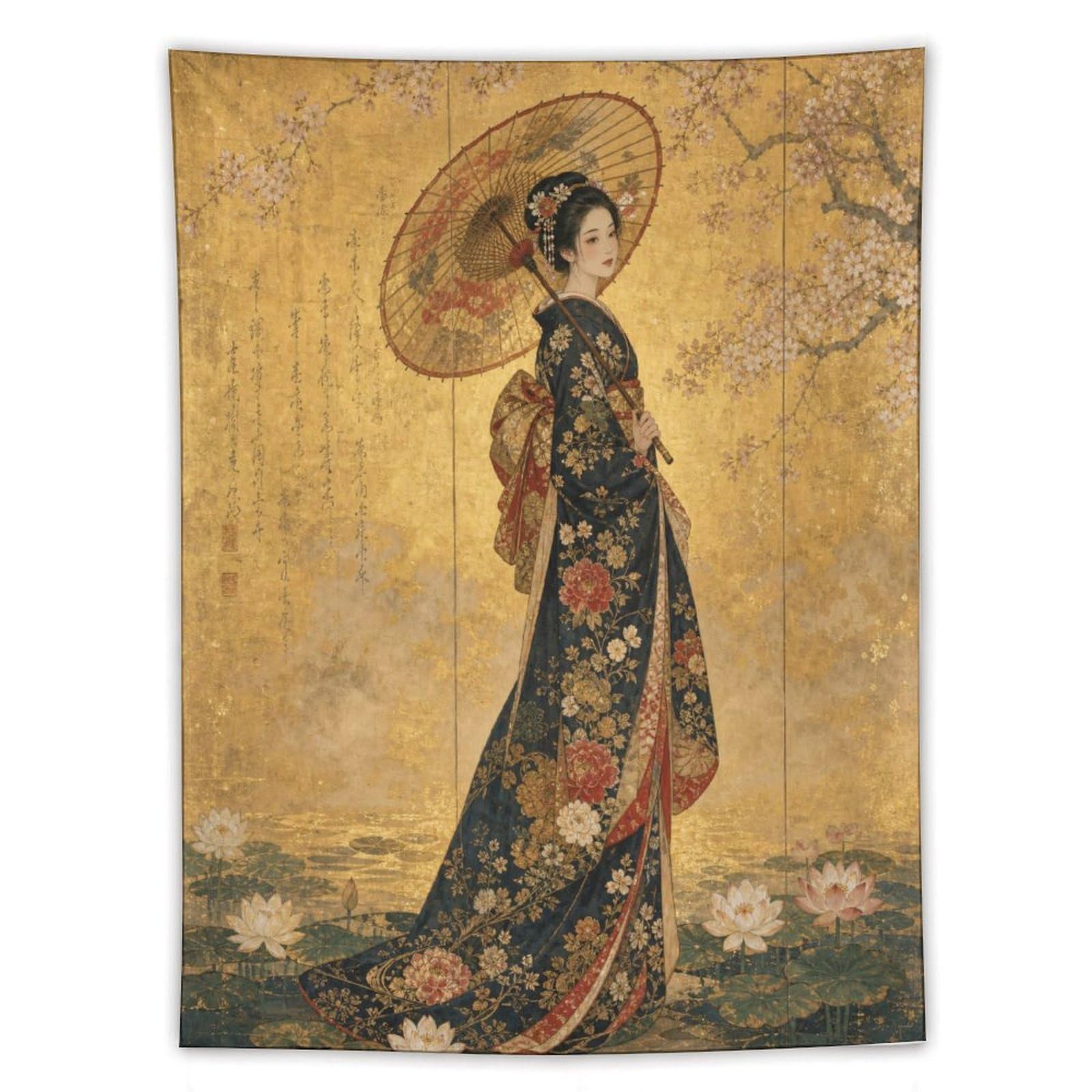 W7C8U2X3 Woman in Floral Kimono Wall Tapestry, Ukiyo-e, Golden Garden