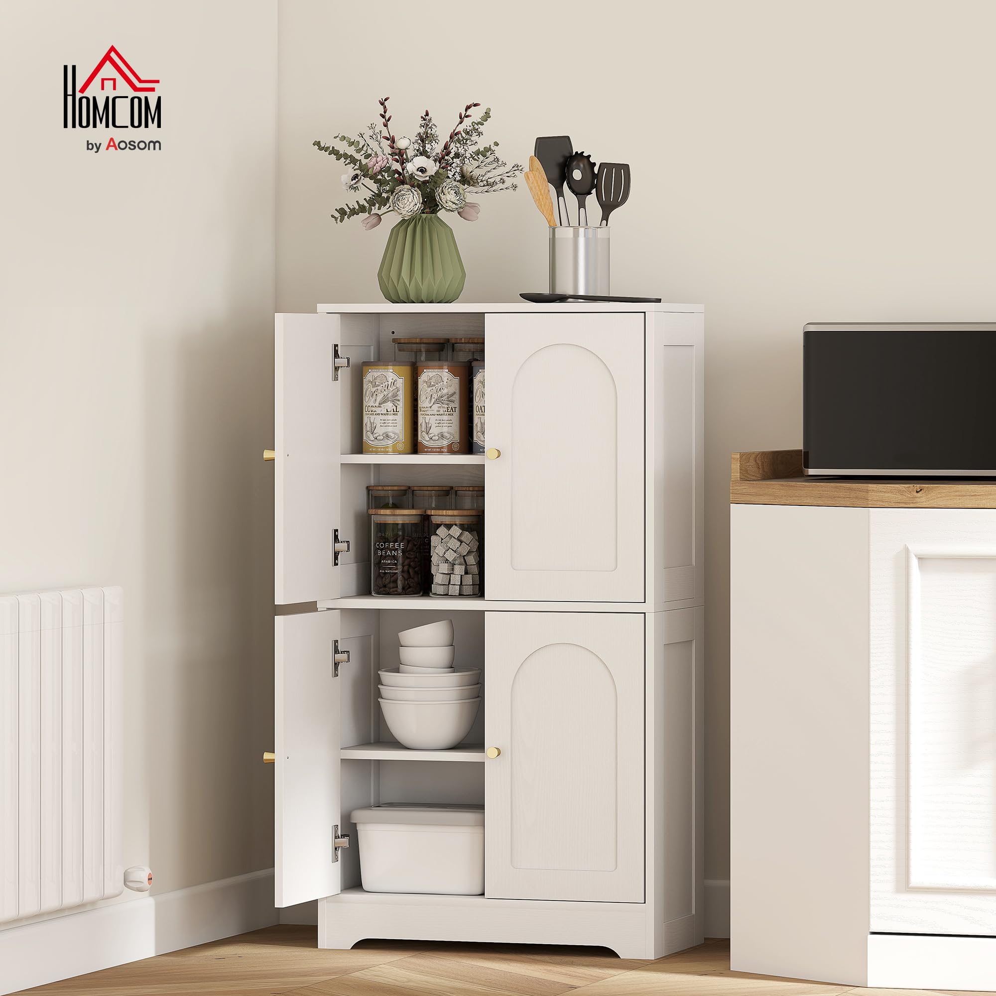 HOMCOM Credenza Cucina, Mobile Cucina Dispensa con 2 Armadietti, 4 Ante ad Arco, 2 Ripiani Regolabili, con Dispositivo Antiribaltamento, 60x30x110 cm, per Sala da Pranzo, Soggiorno, Bianco