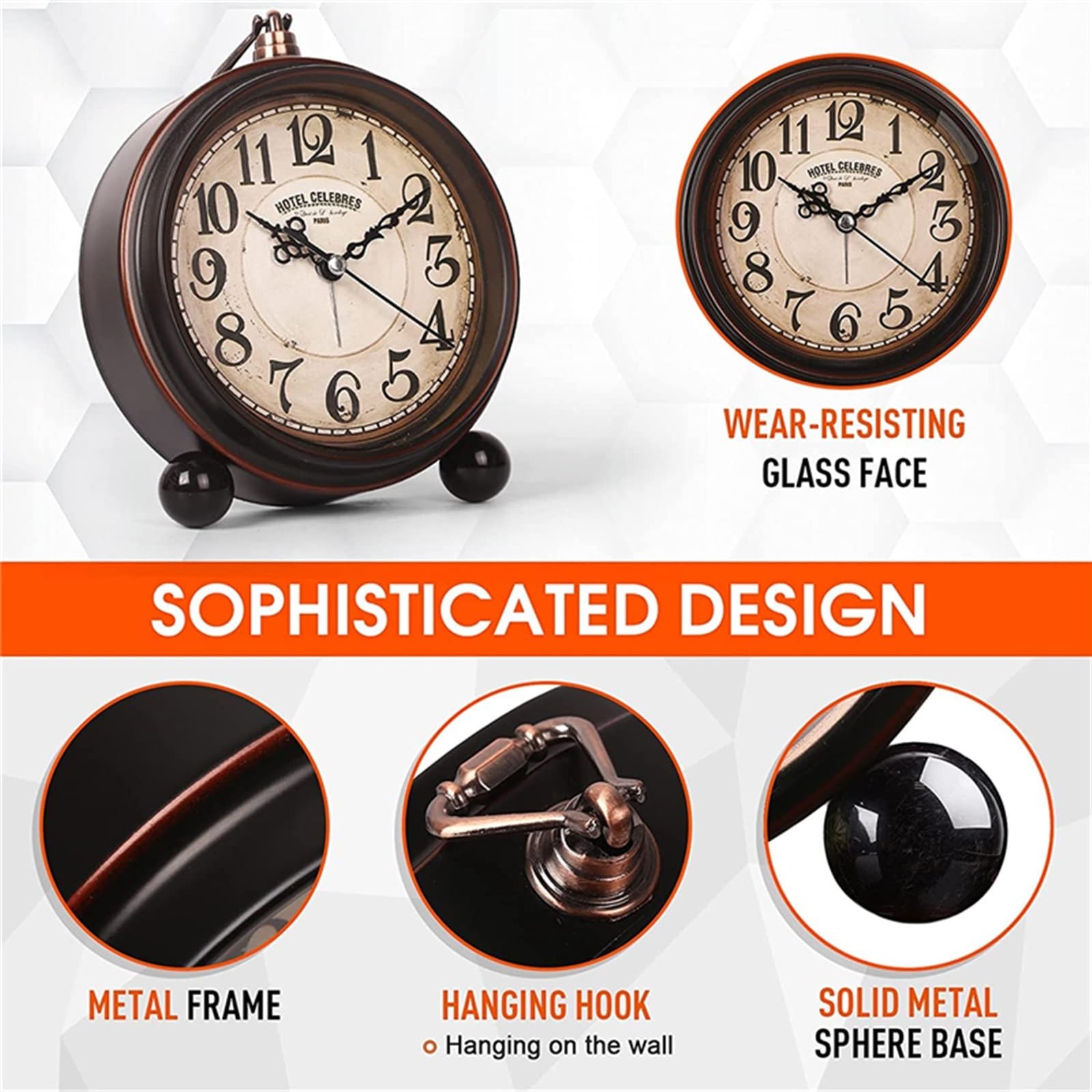 Despertador, Reloj de mesa cuarzo con luz nocturna metal, súper silencioso