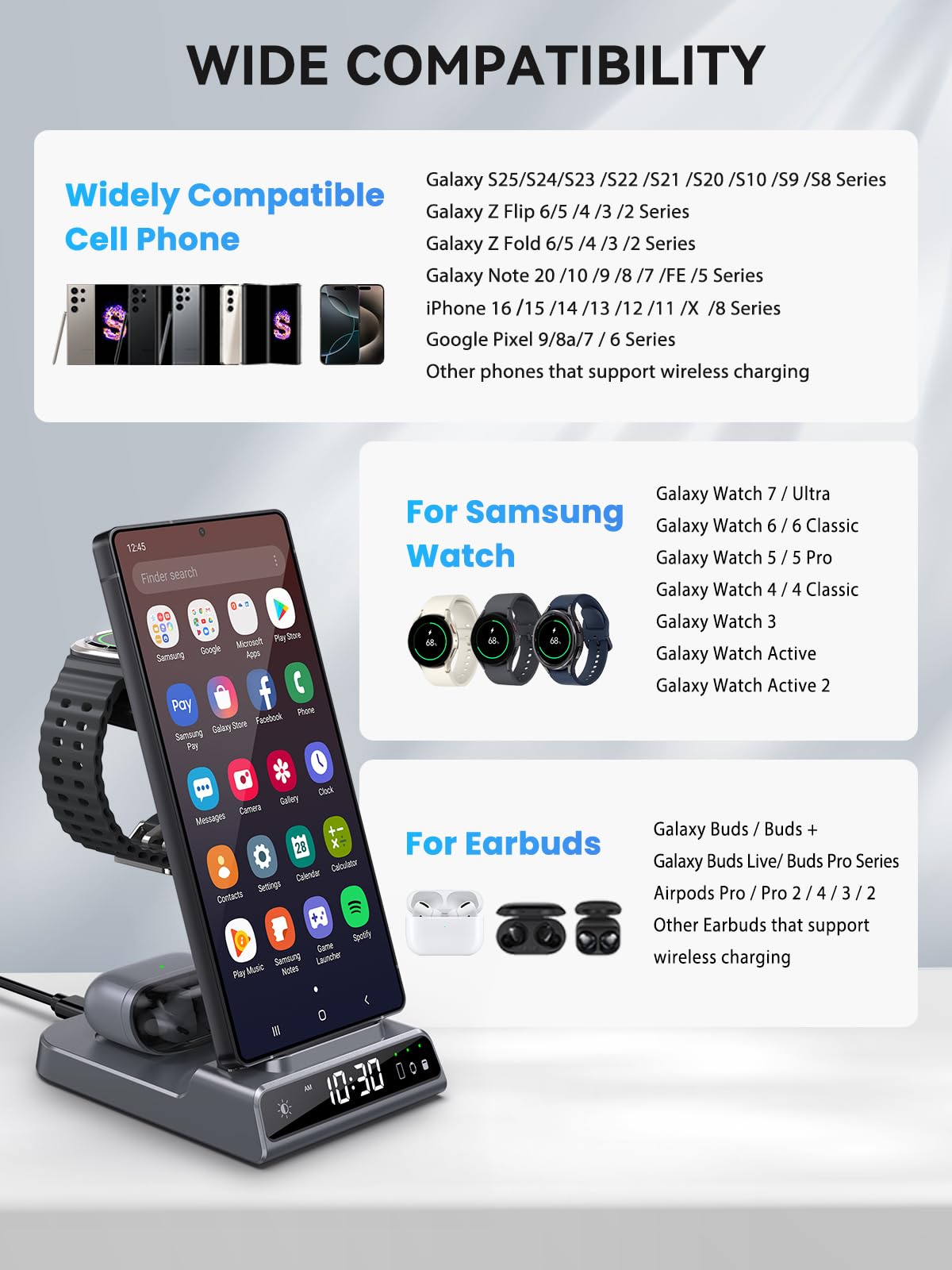 Stazione di ricarica wireless 3 in 1 per Samsung Galaxy S23 Ultra, supporto di ricarica compatibile con iPhone 14 Pro Max/Z Fold 4, caricabatterie per orologio per Galaxy Watch 5 Pro/4/3, Buds/Air-Pod