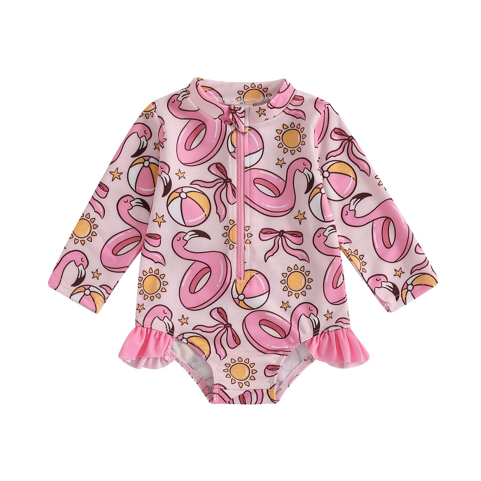 Einteiliger Badeanzug Für Baby-Mädchen Mit Blumenmuster – Langärmelig, Reißverschluss, Rüschen, Sonnenschutz