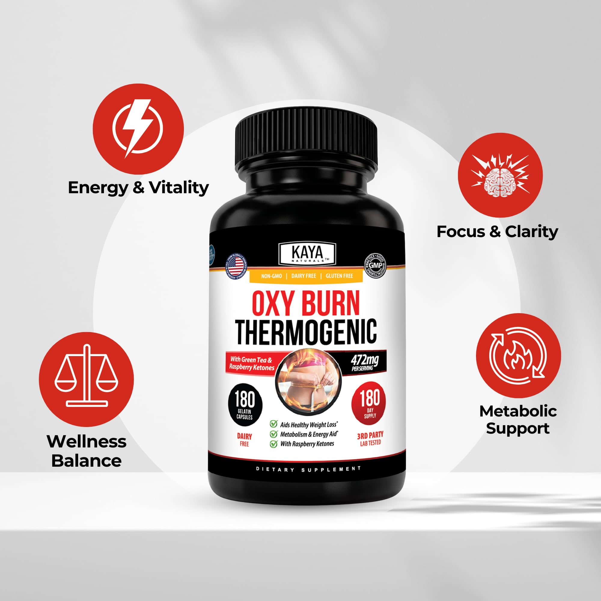 Kaya Naturals Oxy Burn Thermogenic Green Tea & Raspberry Ketones 180 Count | Green Tea Extract - Raspberry Ketones - Caffeine - Glucomannan - L-Carnitine - Thermogenic Energy Support