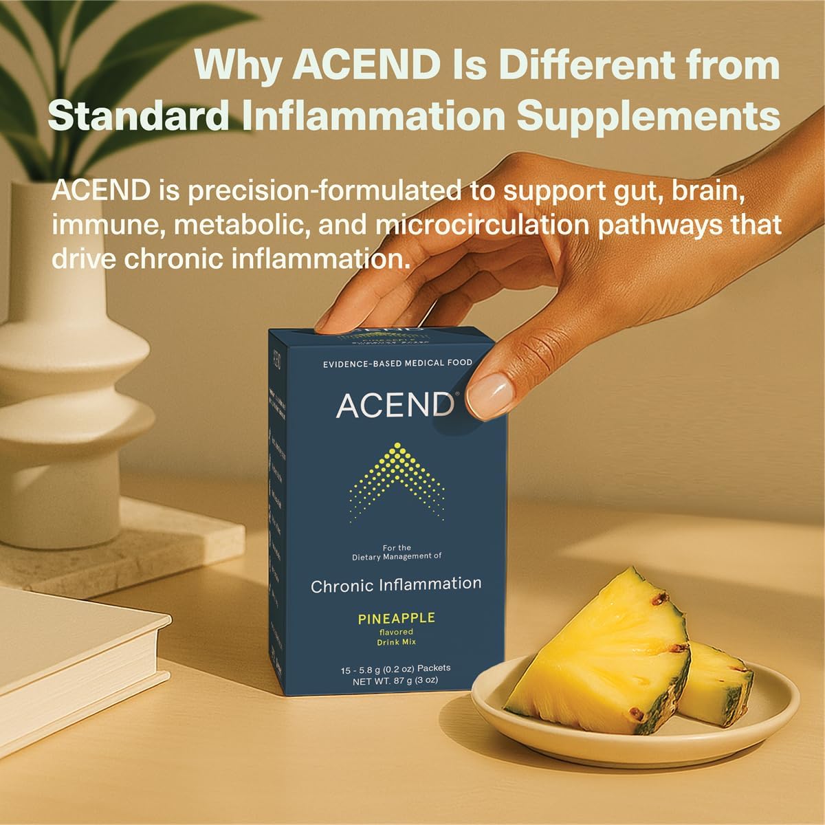 ACEND Advanced Inflammatory Support Powdered Drink Mix | Evidence-Based Polyphenols + Prebiotic Fiber + Probiotics | D3+K2, Minerals & Electrolytes | Non-GMO