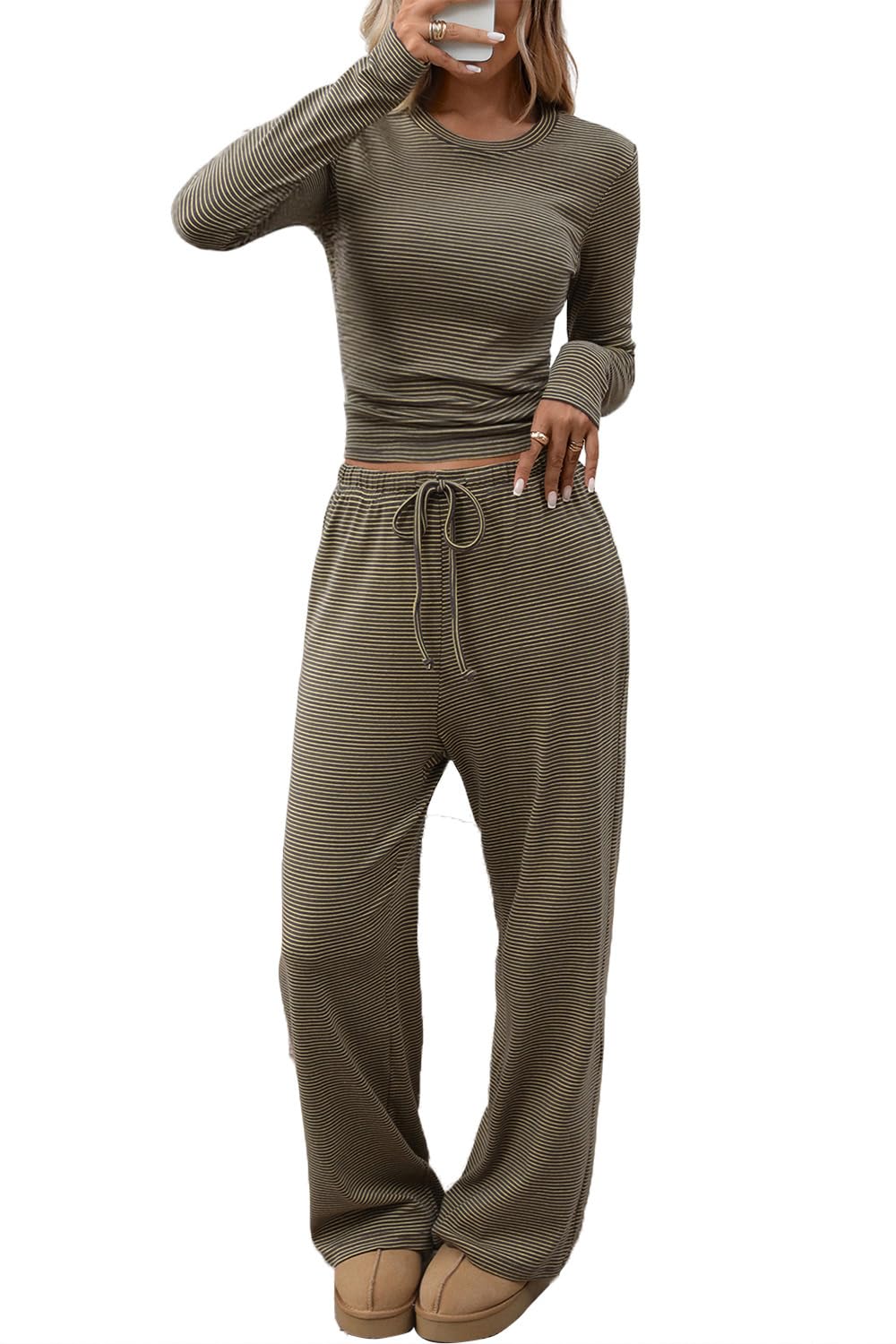 CHYRII Womens Two Piece Sets Fall Fashion Striped Long Sleeve Tops Wide Leg Palazzo Pants Outfits Loung Sets