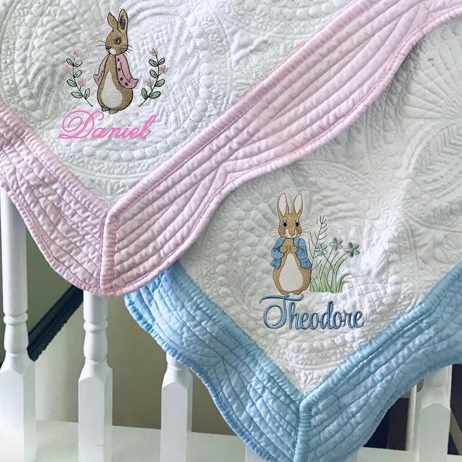 Personalized Baby Blankets with Embroidered Bunny, Custom Name Heirloom Keepsake Quilt, Embroidery Gift for Christmas, Easter, Brithday(36x46 Inches) (Style 1)