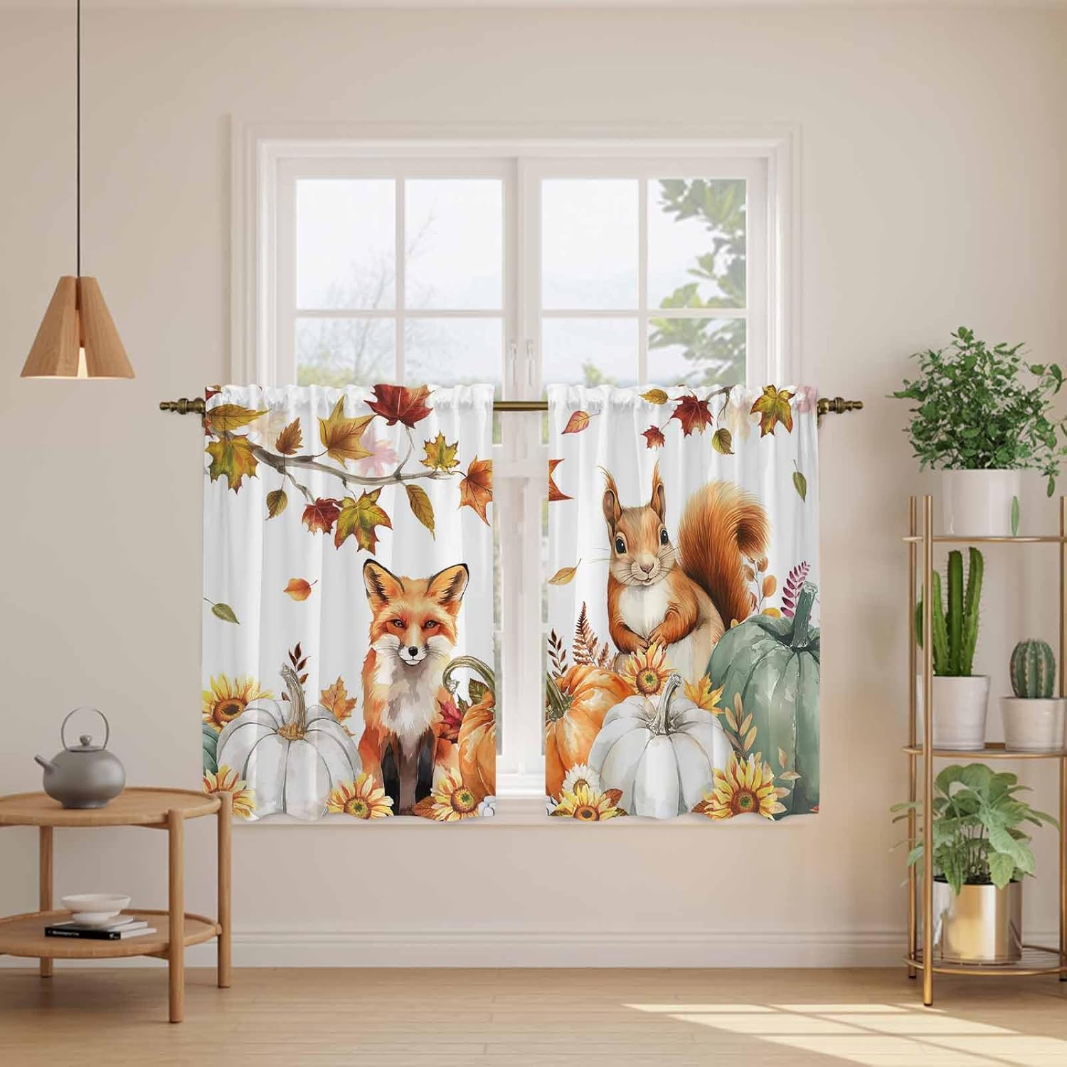 Fall Pumpkins Kitchen Tier Curtains 45 Inch Long 2 Panel Set,Rod Pocket Short Window Treatment,Thanksgiving Fox Squirrel Maple Leaf Sunflower Curtains & Drapes for Bathroom Basement 27.5"W x 45"L