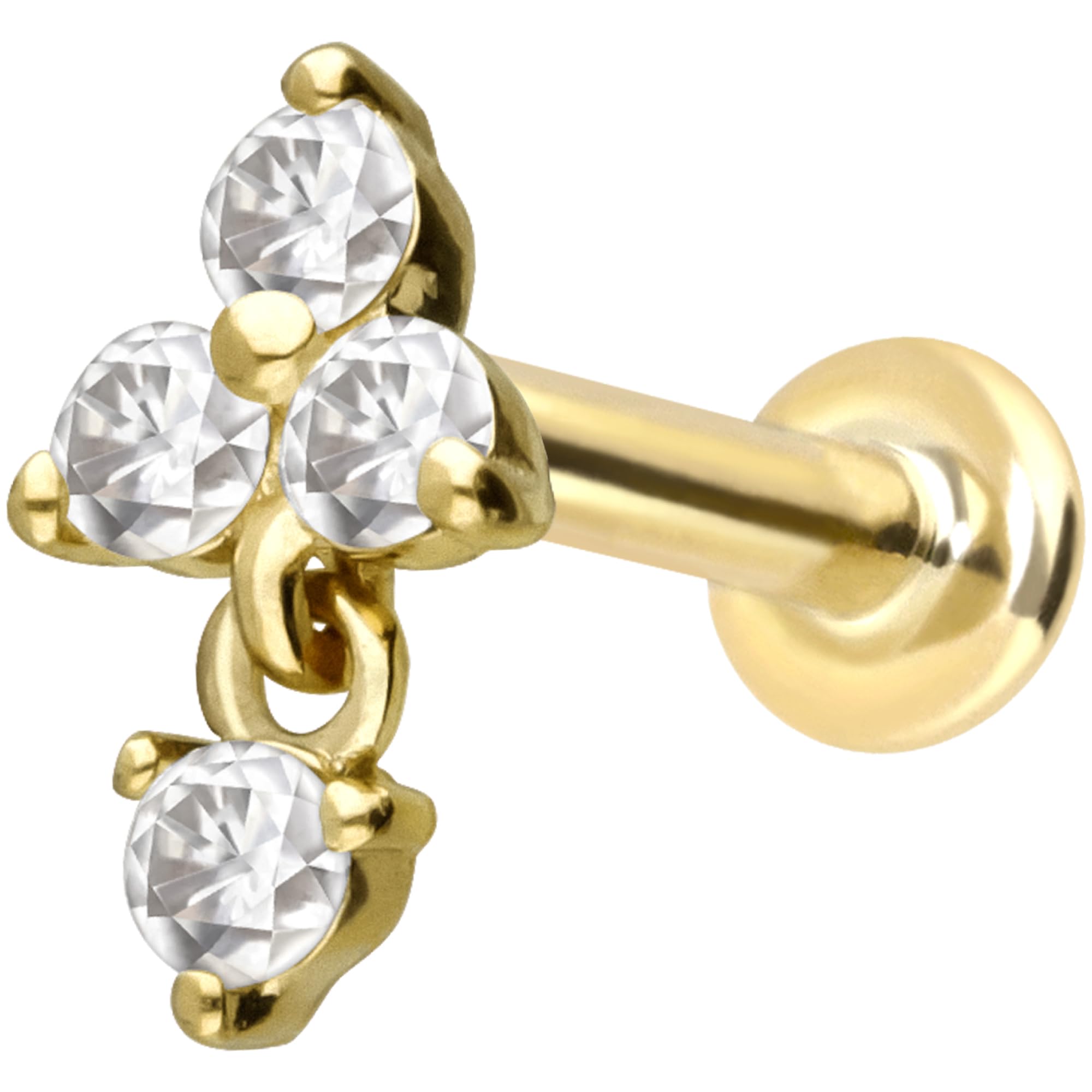 PIERCINGLINE 14 Karat Gold Labret Ohr-Piercing mit Push Fit MOISSANIT-BLUME + MOISSANIT 0,06 kt.Farb & Größenauswahl