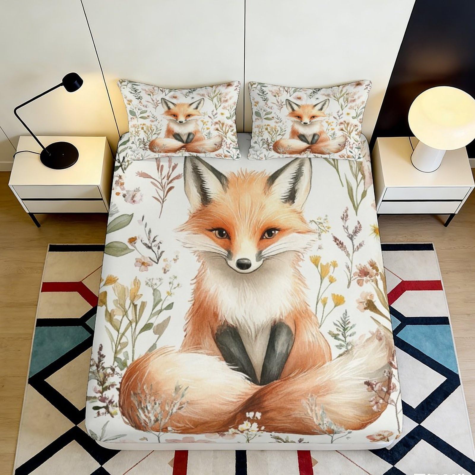 3D Printed Fox Woodland Fitted Sheet Microfiber Soft Mattress Cover Autumn Leaves Bed Decor for Bedroom Guest Room 90x200x25cm